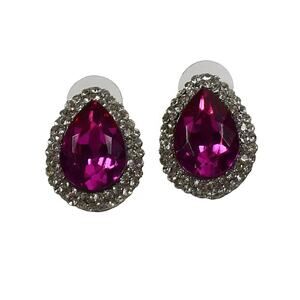 1980s Pink & White Rhinestones Silver Tone Tear Drop Post Back Stud  Earrings